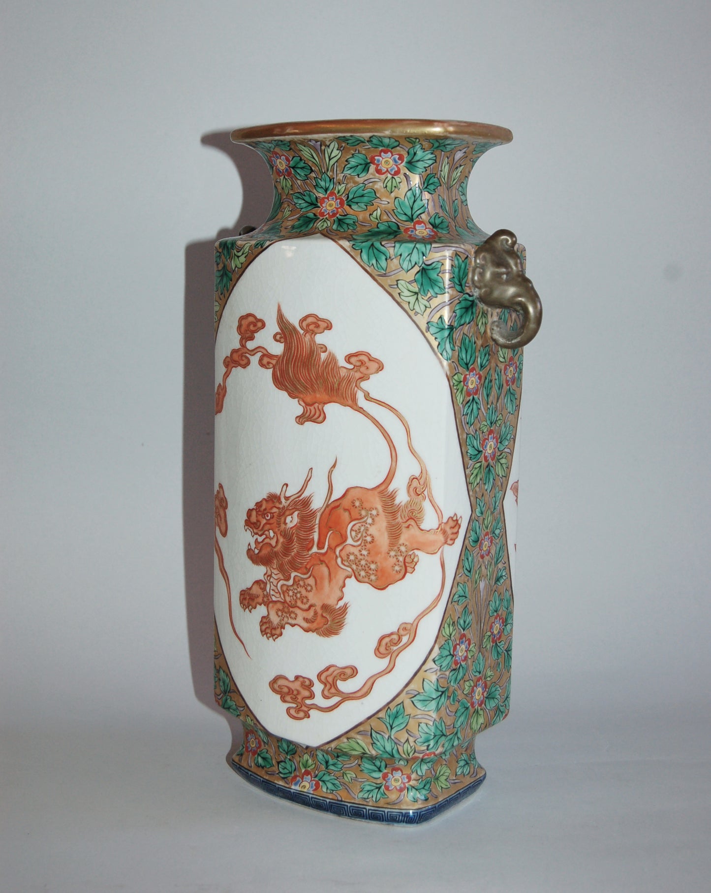 Decorative vase, phoenix and kirin, stoneware, Kutani ware, by Kinkoku, Japan