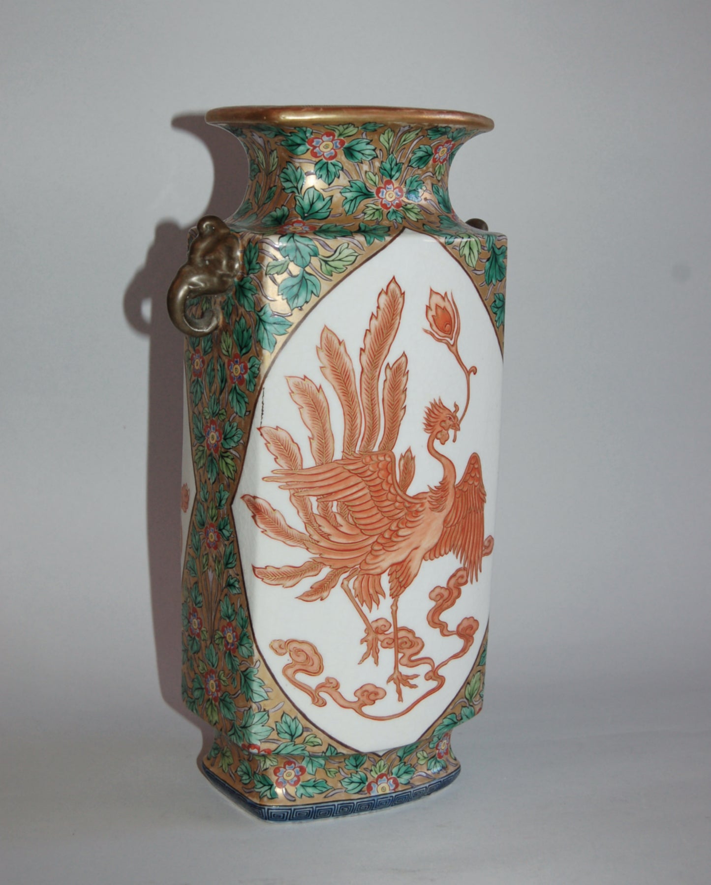 Decorative vase, phoenix and kirin, stoneware, Kutani ware, by Kinkoku, Japan