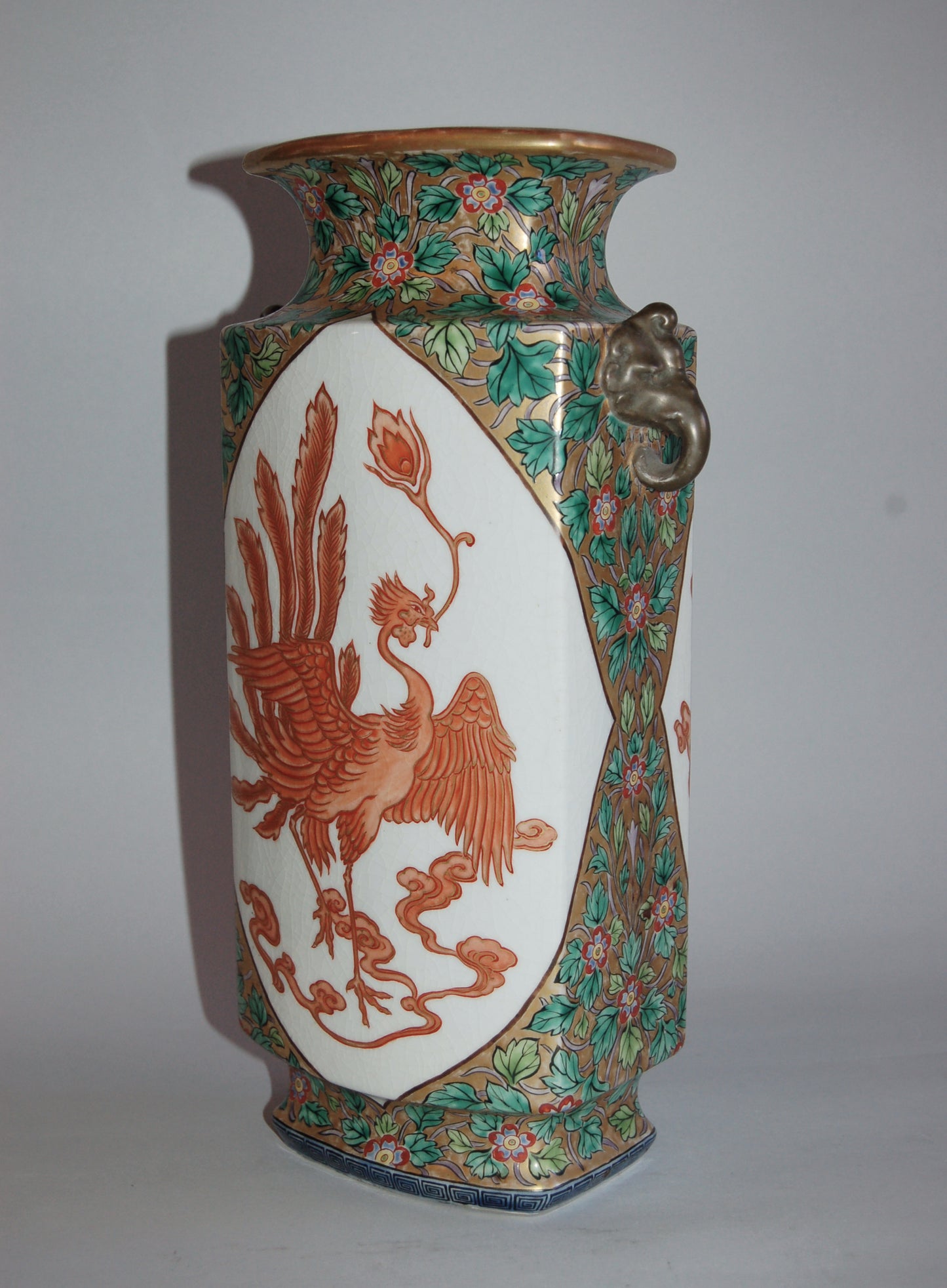 Decorative vase, phoenix and kirin, stoneware, Kutani ware, by Kinkoku, Japan