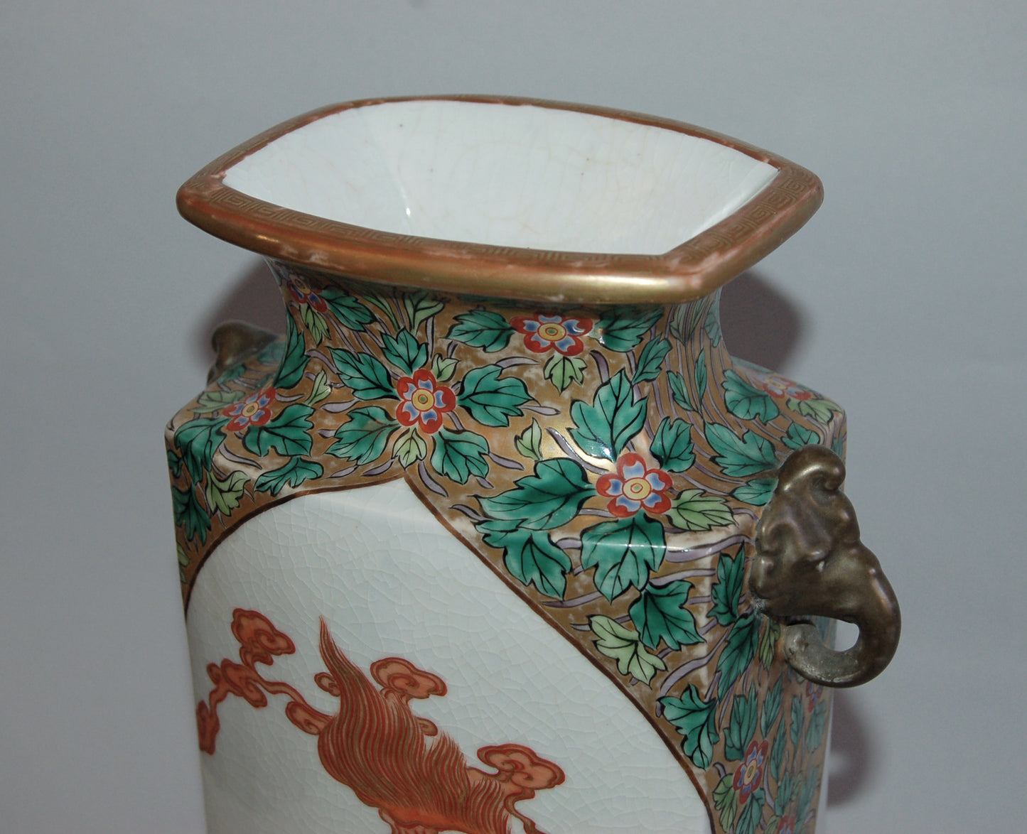 Decorative vase, phoenix and kirin, stoneware, Kutani ware, by Kinkoku, Japan