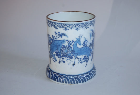 Antique blue and white porcelain brushpot, deer and fall flowers, Seto ware, Japan