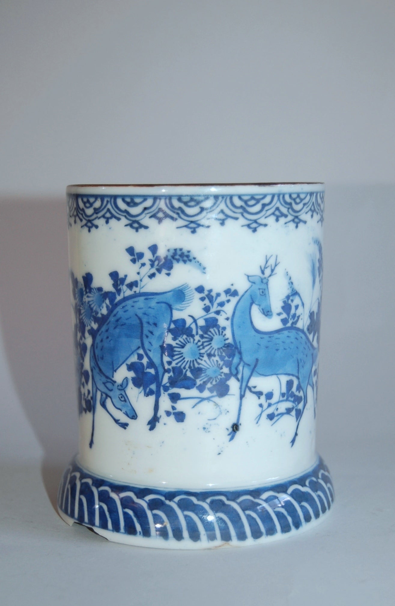 Antique blue and white porcelain brushpot, deer and fall flowers, Seto ware, Japan