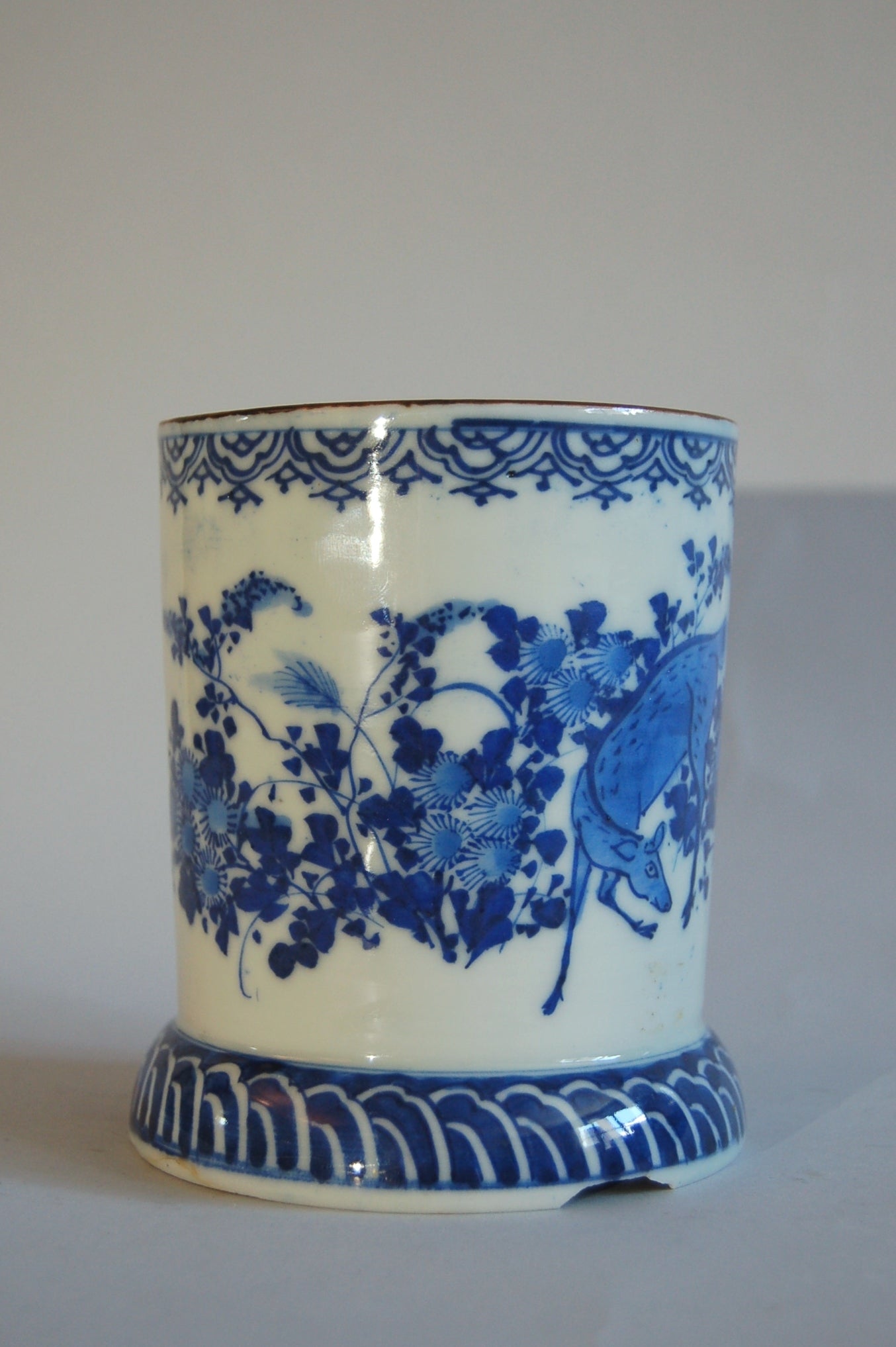 Antique blue and white porcelain brushpot, deer and fall flowers, Seto ware, Japan