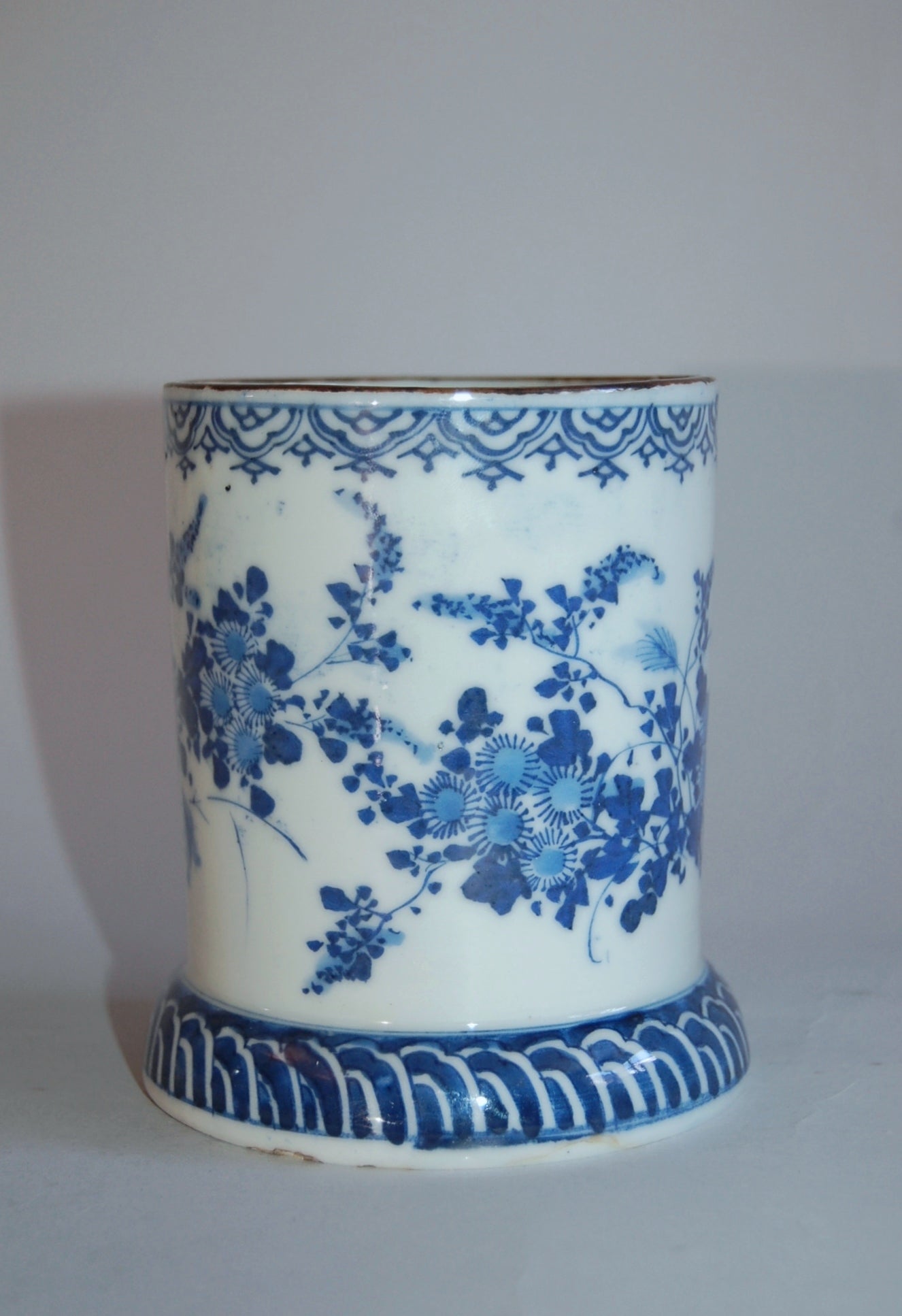 Antique blue and white porcelain brushpot, deer and fall flowers, Seto ware, Japan