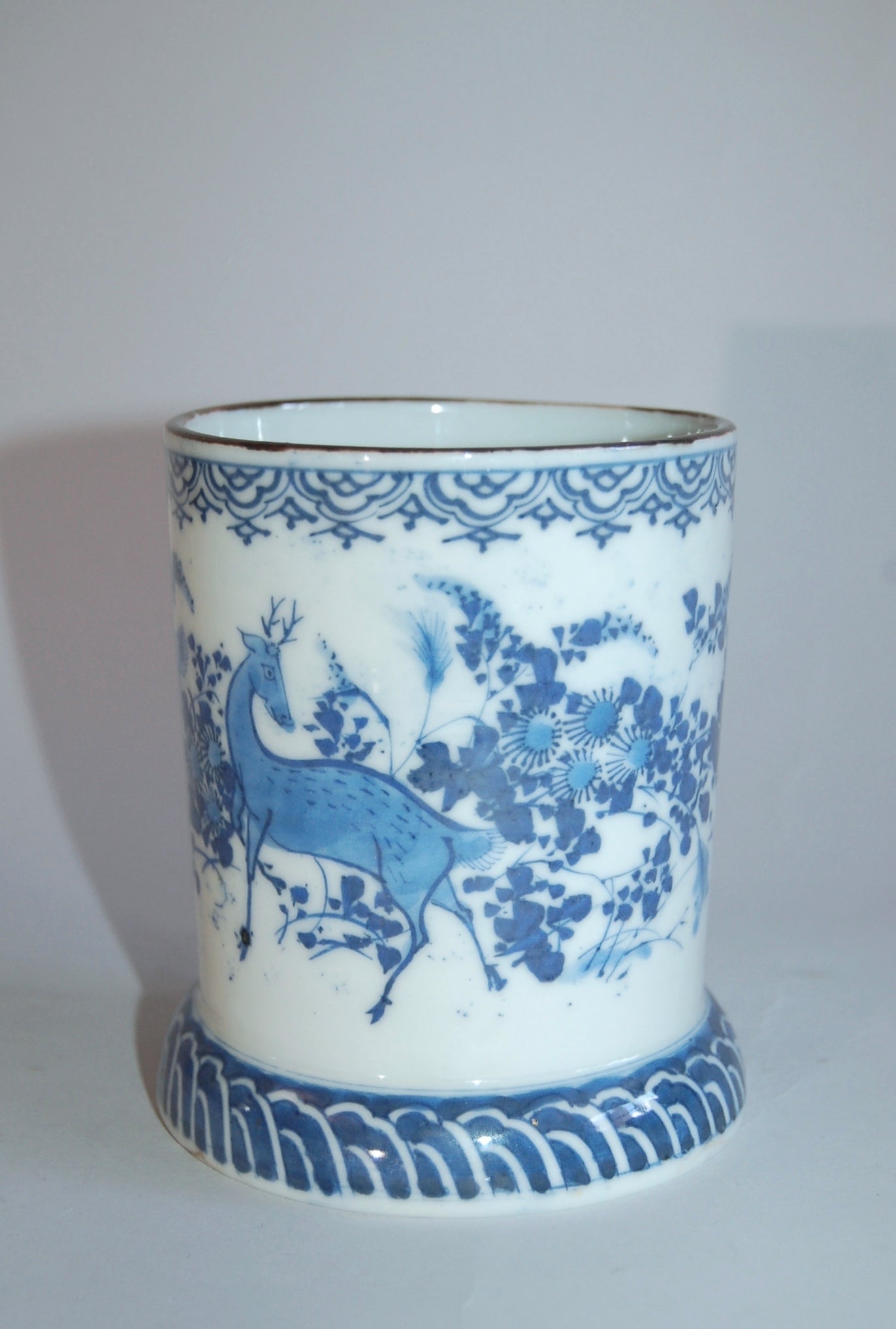 Antique blue and white porcelain brushpot, deer and fall flowers, Seto ware, Japan