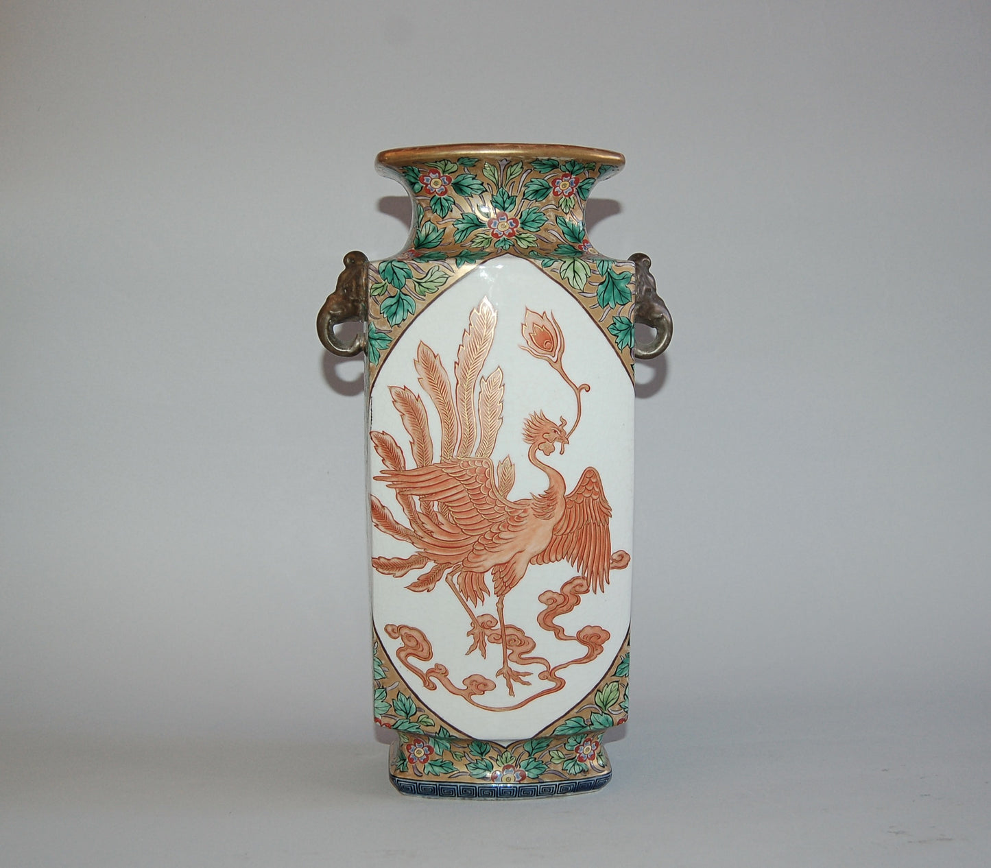 Decorative vase, phoenix and kirin, stoneware, Kutani ware, by Kinkoku, Japan