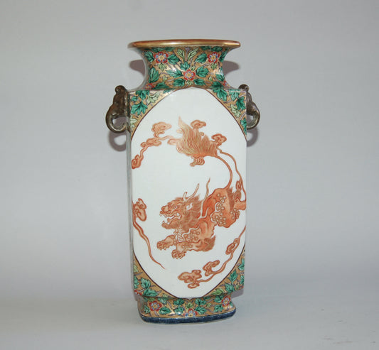 Decorative vase, phoenix and kirin, stoneware, Kutani ware, by Kinkoku, Japan