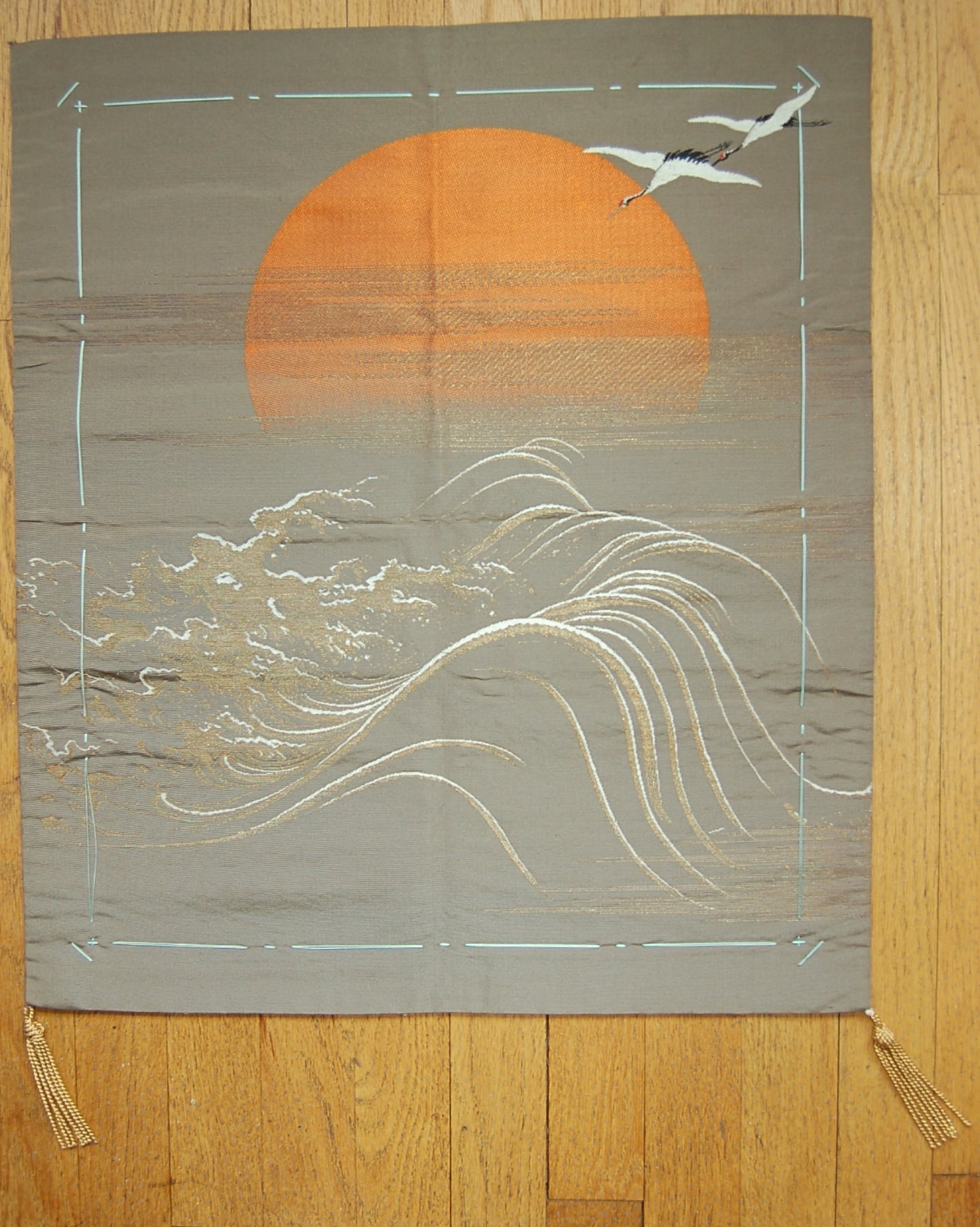 Fukusa, gift cover, two cranes before rising sun above waves, New Year, silk, gold thread, Japan