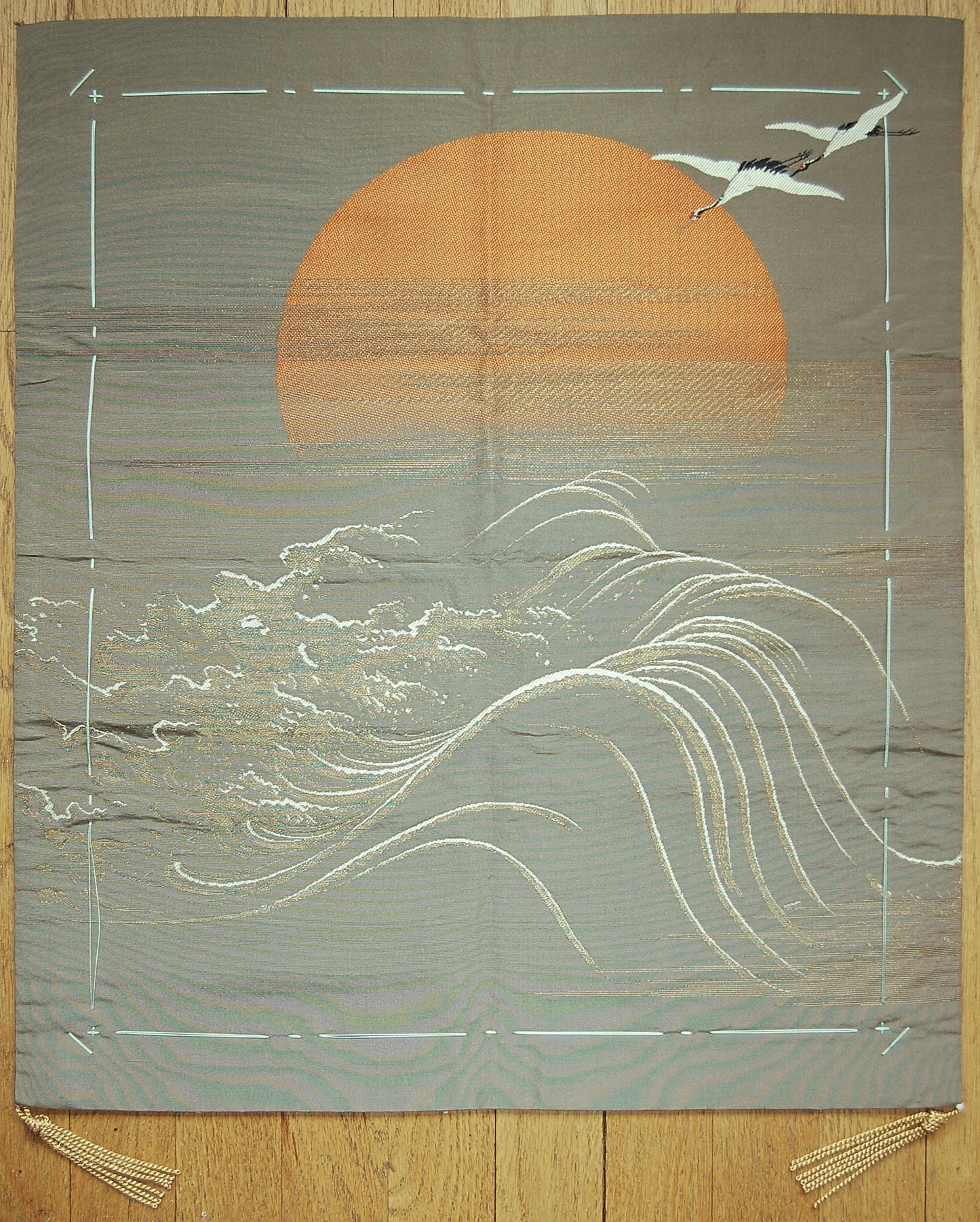 Fukusa, gift cover, two cranes before rising sun above waves, New Year, silk, gold thread, Japan