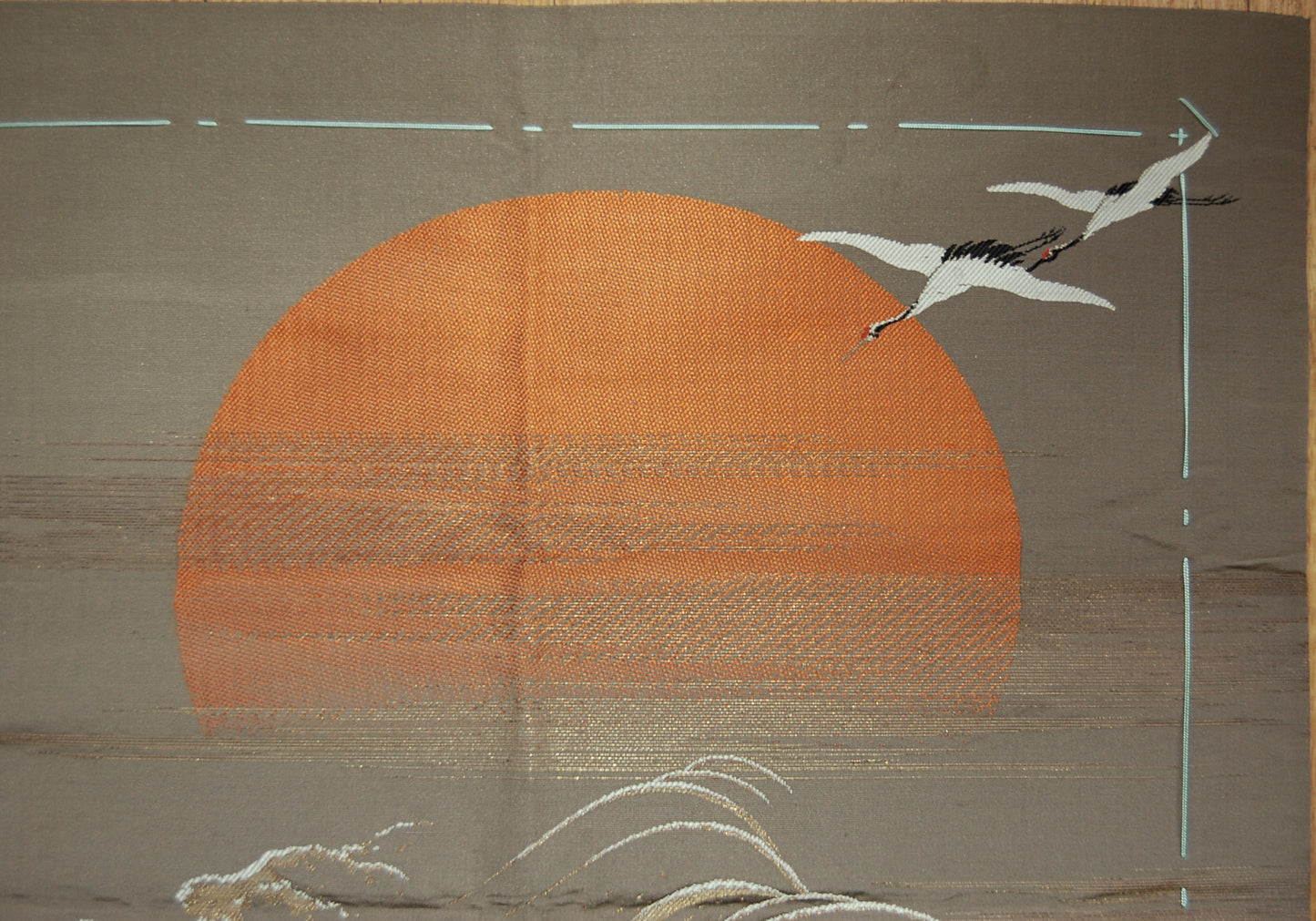 Fukusa, gift cover, two cranes before rising sun above waves, New Year, silk, gold thread, Japan