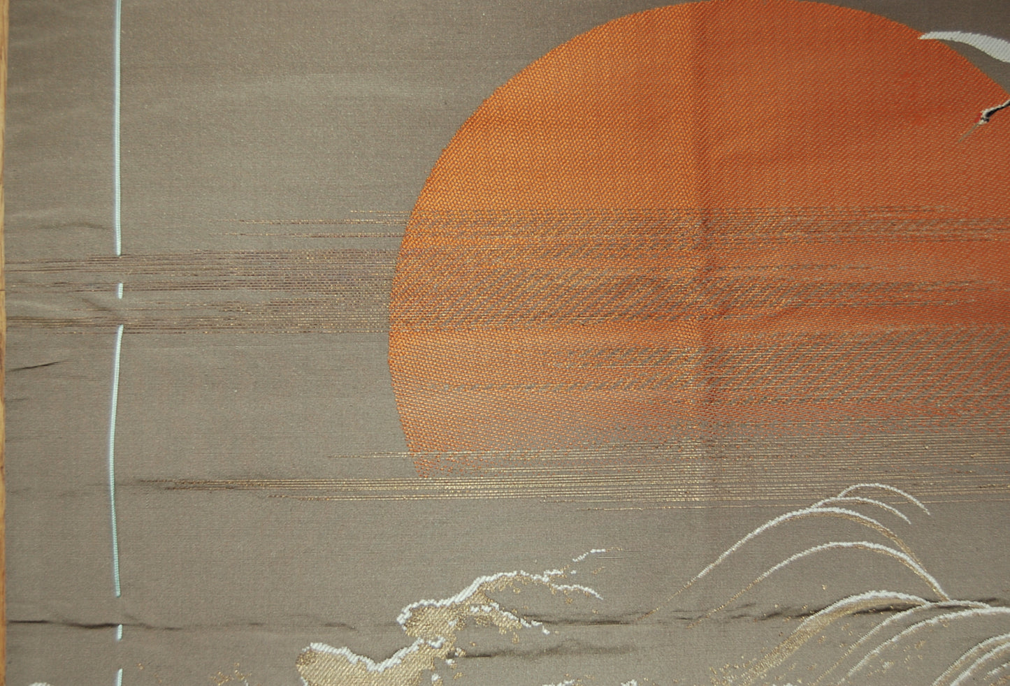 Fukusa, gift cover, two cranes before rising sun above waves, New Year, silk, gold thread, Japan