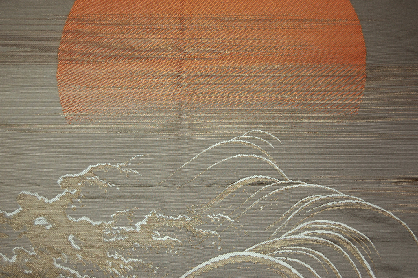 Fukusa, gift cover, two cranes before rising sun above waves, New Year, silk, gold thread, Japan