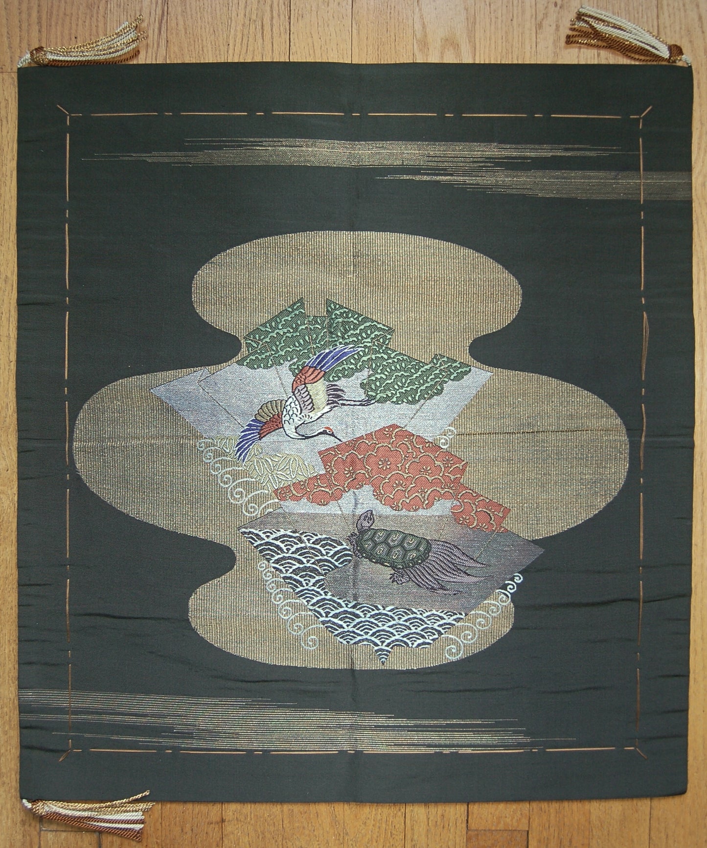 Fukusa gift cover, crane and minogame, shochikubai, hand embroidered silk, gold and silver thread, Japan