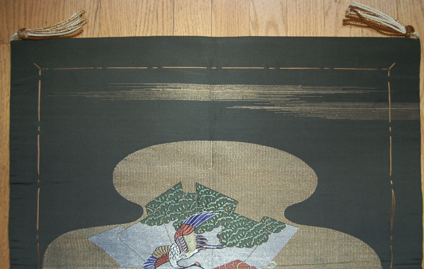 Fukusa gift cover, crane and minogame, shochikubai, hand embroidered silk, gold and silver thread, Japan