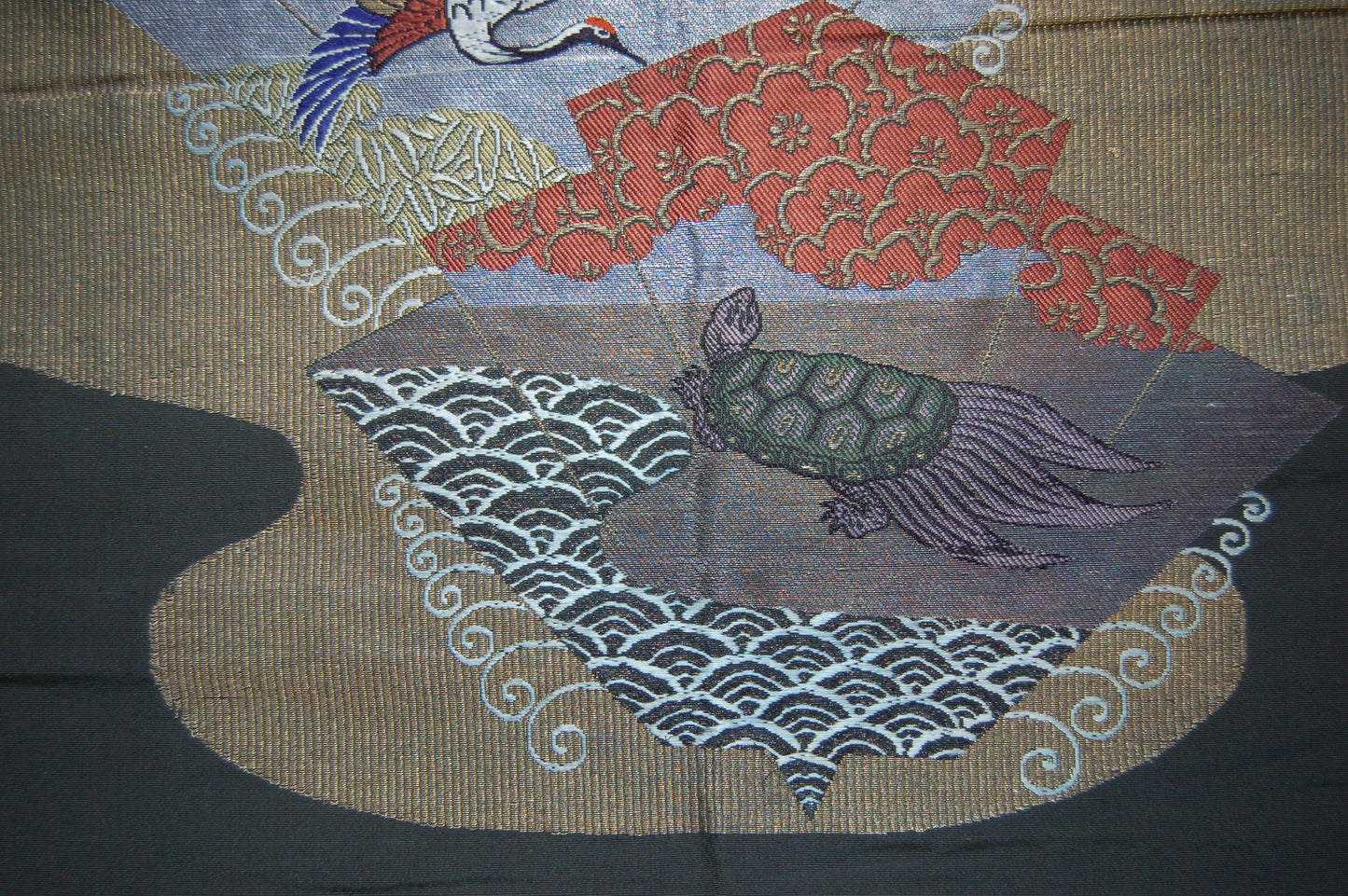 Fukusa gift cover, crane and minogame, shochikubai, hand embroidered silk, gold and silver thread, Japan