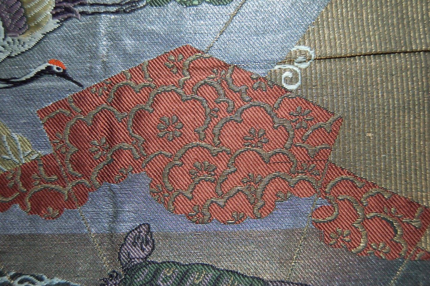 Fukusa gift cover, crane and minogame, shochikubai, hand embroidered silk, gold and silver thread, Japan