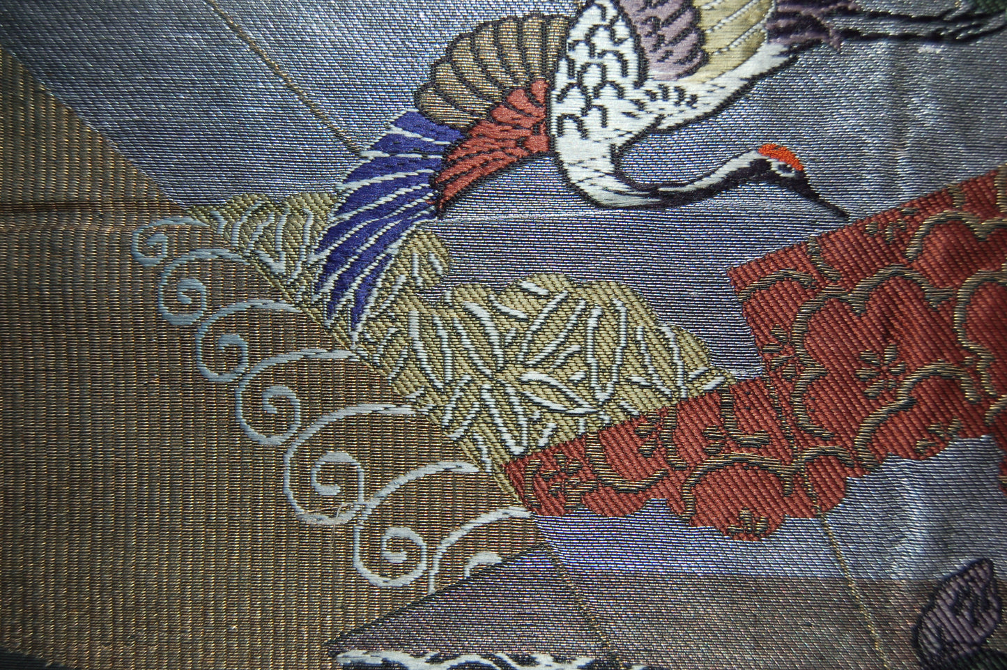 Fukusa gift cover, crane and minogame, shochikubai, hand embroidered silk, gold and silver thread, Japan