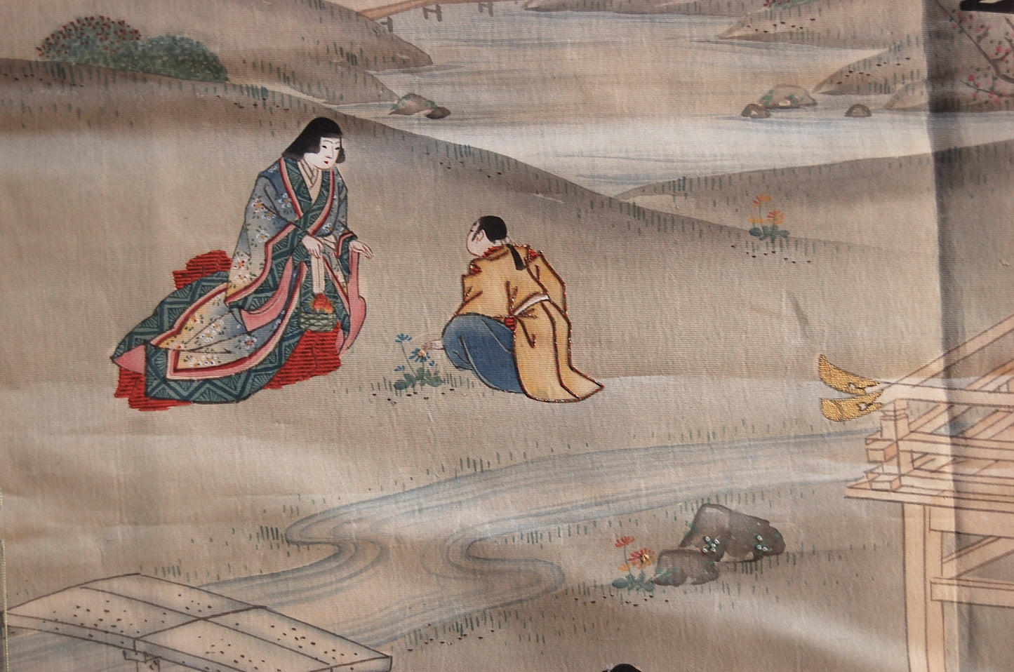 Fukusa, Prince Genji in spring, antique embroidered and hand painted silk ceremonial cover, antique, Japan