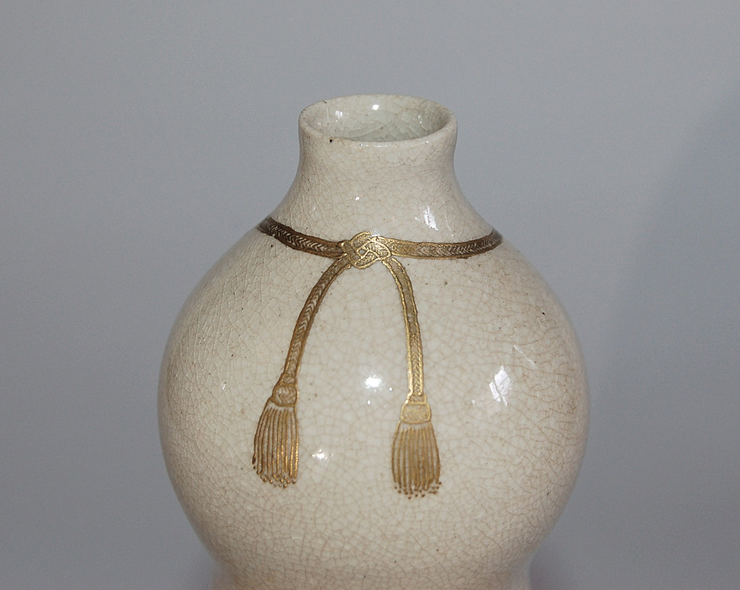 Gourd flask, maple leaves on stream, golden cords and tassels, Kyoto ware, Japan