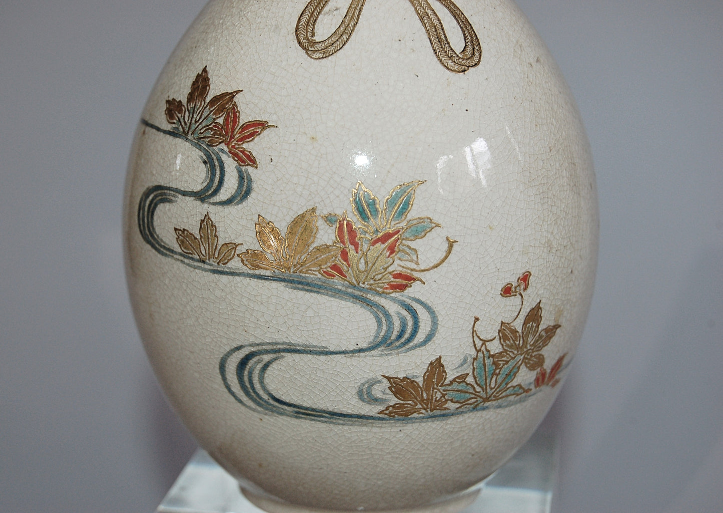 Gourd flask, maple leaves on stream, golden cords and tassels, Kyoto ware, Japan