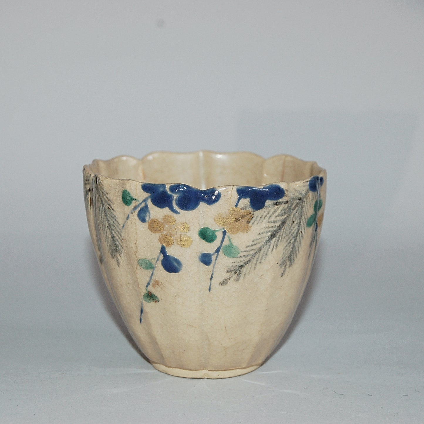 Lotus shaped cup, pine tree and plum blossom, Mizoro ware, Kiyomizu, antique, Japan