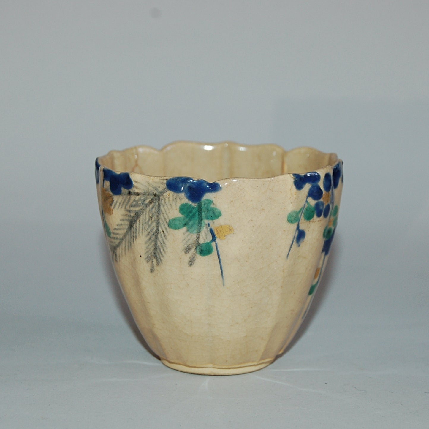 Lotus shaped cup, pine tree and plum blossom, Mizoro ware, Kiyomizu, antique, Japan