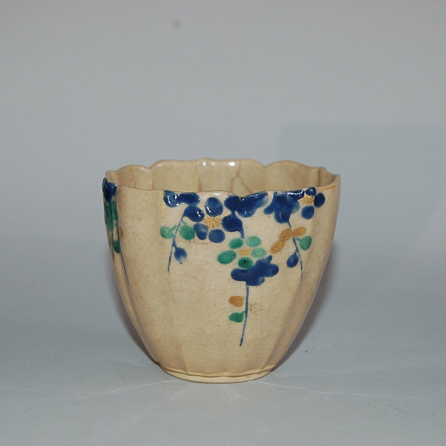 Lotus shaped cup, pine tree and plum blossom, Mizoro ware, Kiyomizu, antique, Japan