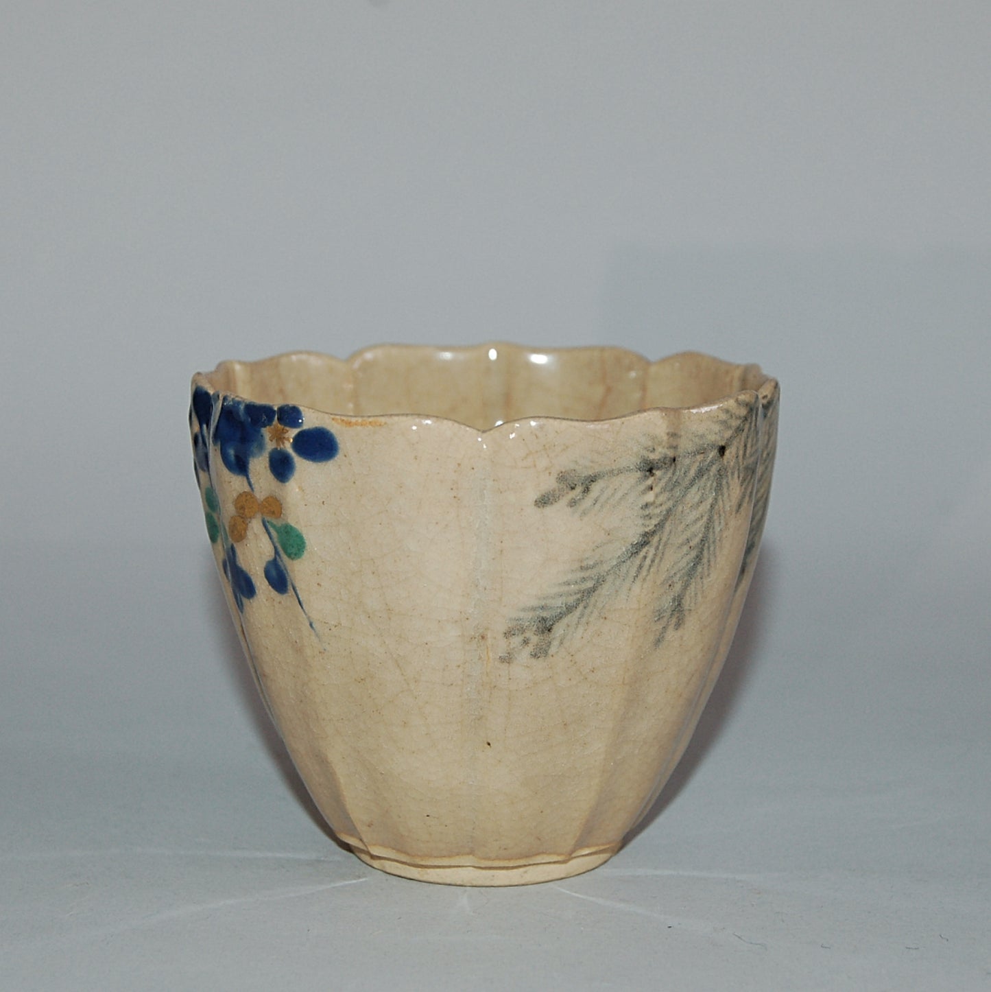 Lotus shaped cup, pine tree and plum blossom, Mizoro ware, Kiyomizu, antique, Japan