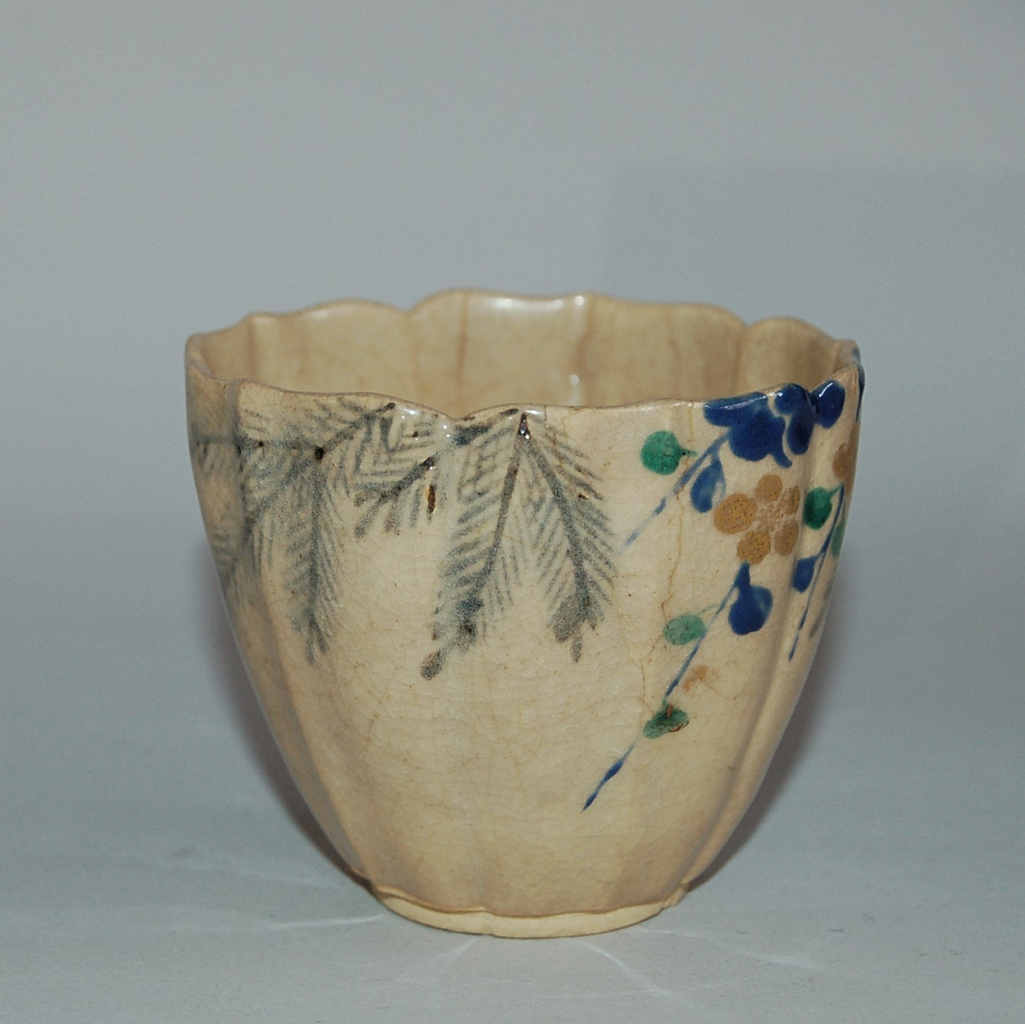 Lotus shaped cup, pine tree and plum blossom, Mizoro ware, Kiyomizu, antique, Japan