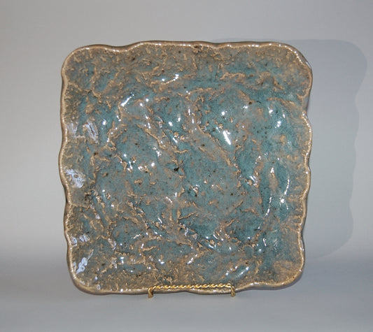 Square platter, stoneware with gray-blue glaze, uneven surface, by Hamanaka Gesson, Hagi, Japan