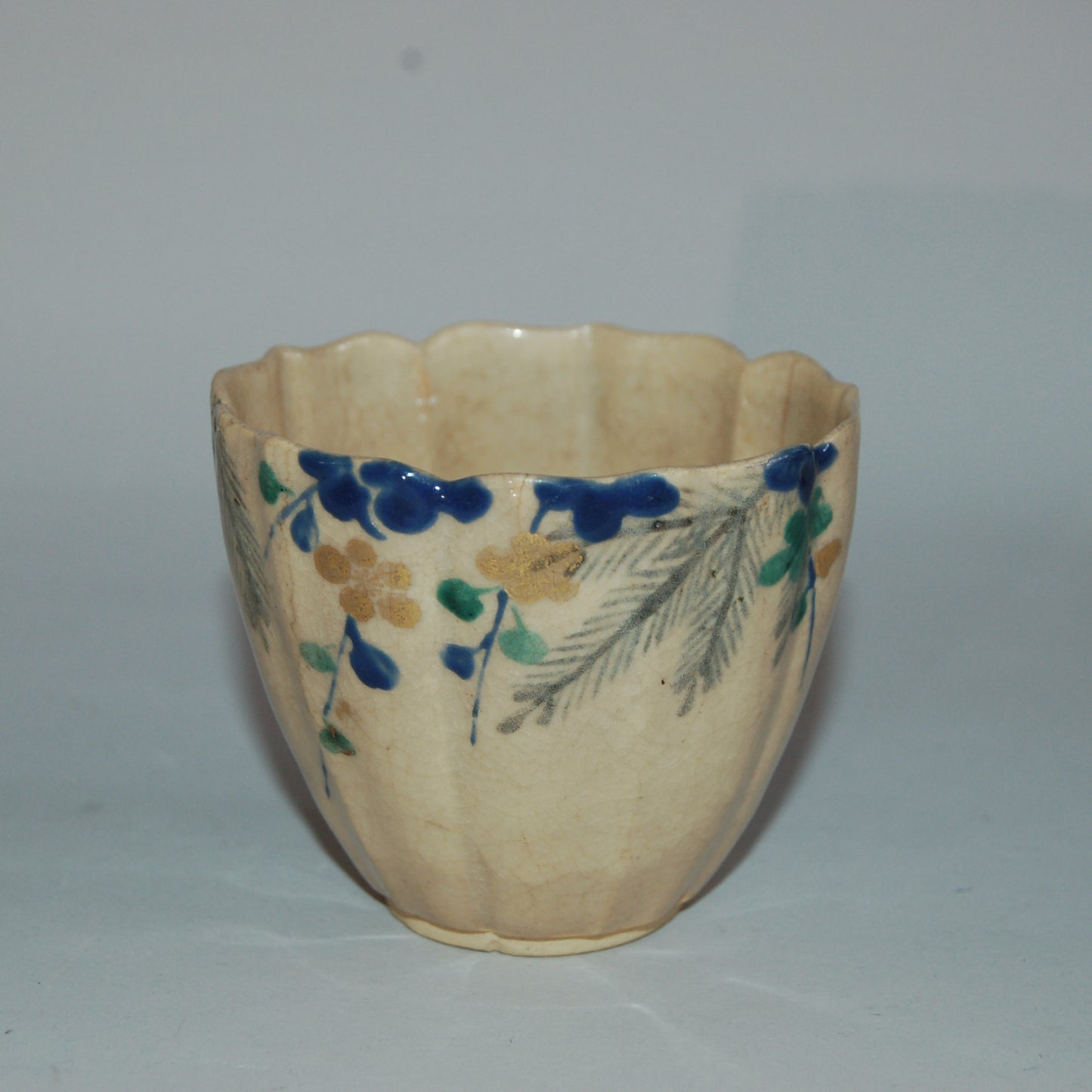 Lotus shaped cup, pine tree and plum blossom, Mizoro ware, Kiyomizu, antique, Japan