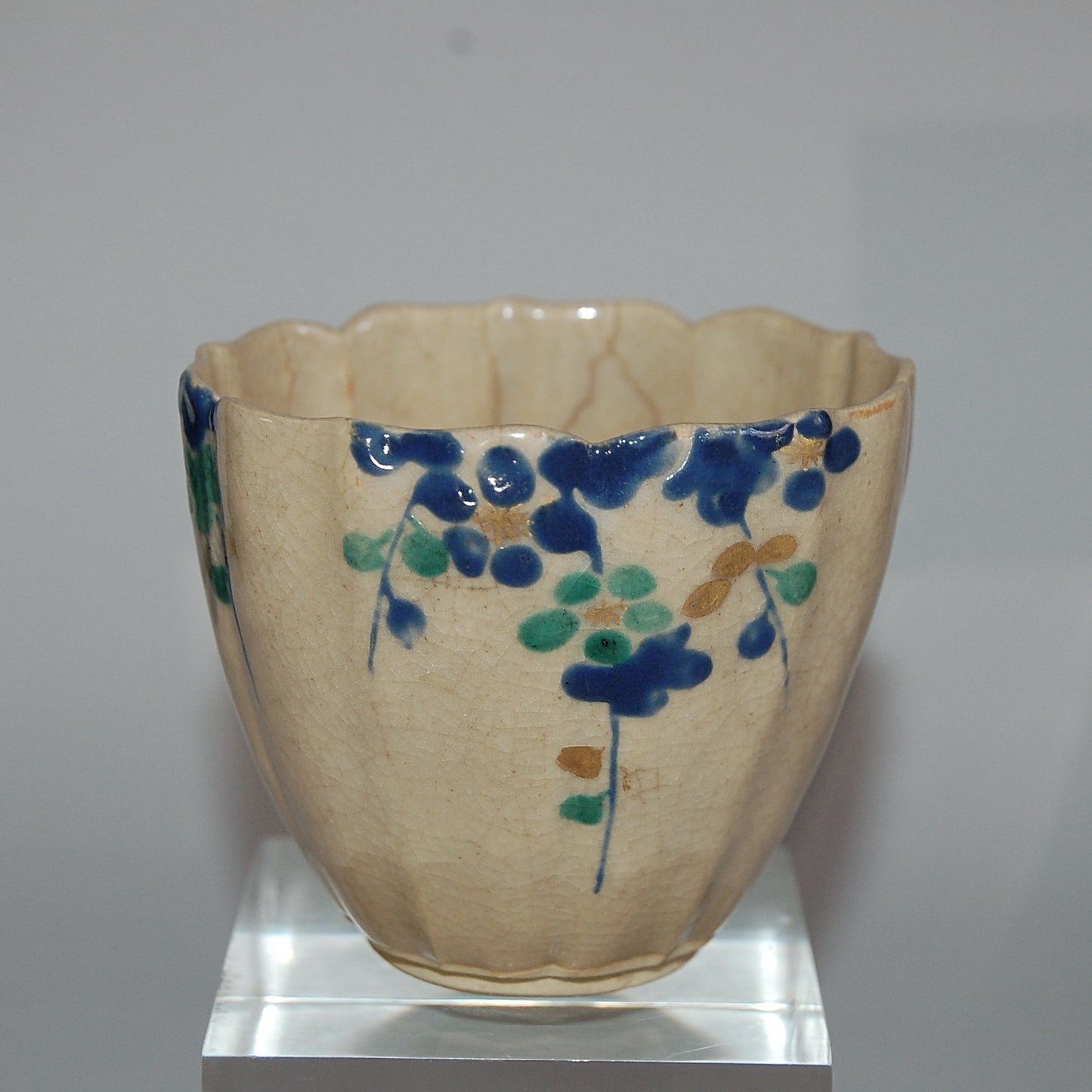 Lotus shaped cup, pine tree and plum blossom, Mizoro ware, Kiyomizu, antique, Japan