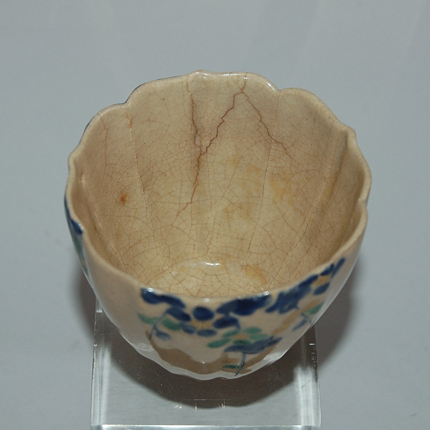 Lotus shaped cup, pine tree and plum blossom, Mizoro ware, Kiyomizu, antique, Japan