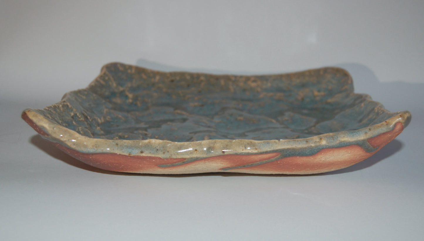 Square platter, stoneware with gray-blue glaze, uneven surface, by Hamanaka Gesson, Hagi, Japan