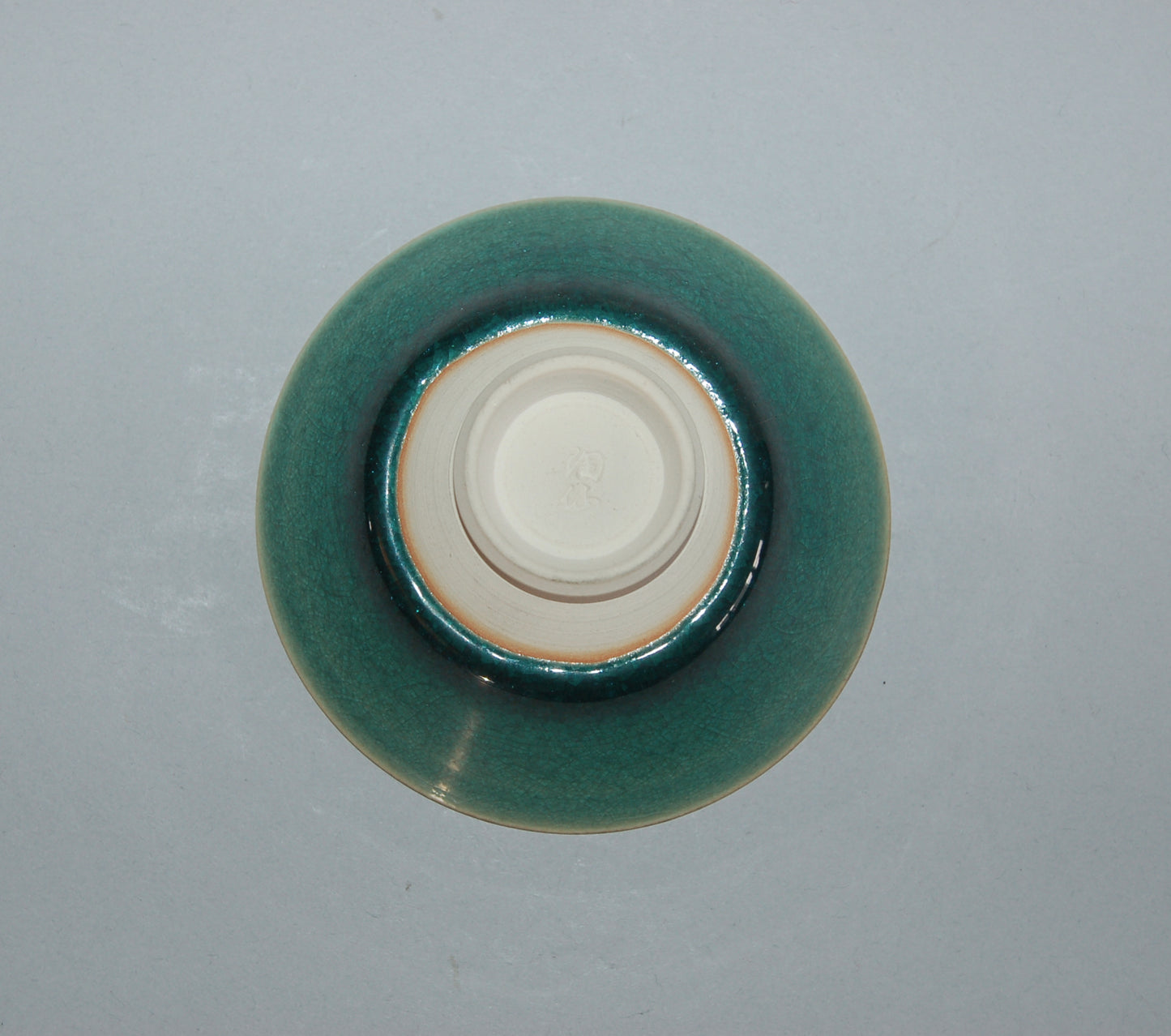 Conical sakazuki sake cup, fine stoneware, emerald green crackled glaze, Tosen, Kyo ware, Japan