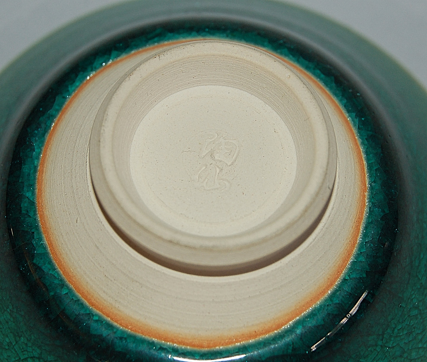 Conical sakazuki sake cup, fine stoneware, emerald green crackled glaze, Tosen, Kyo ware, Japan