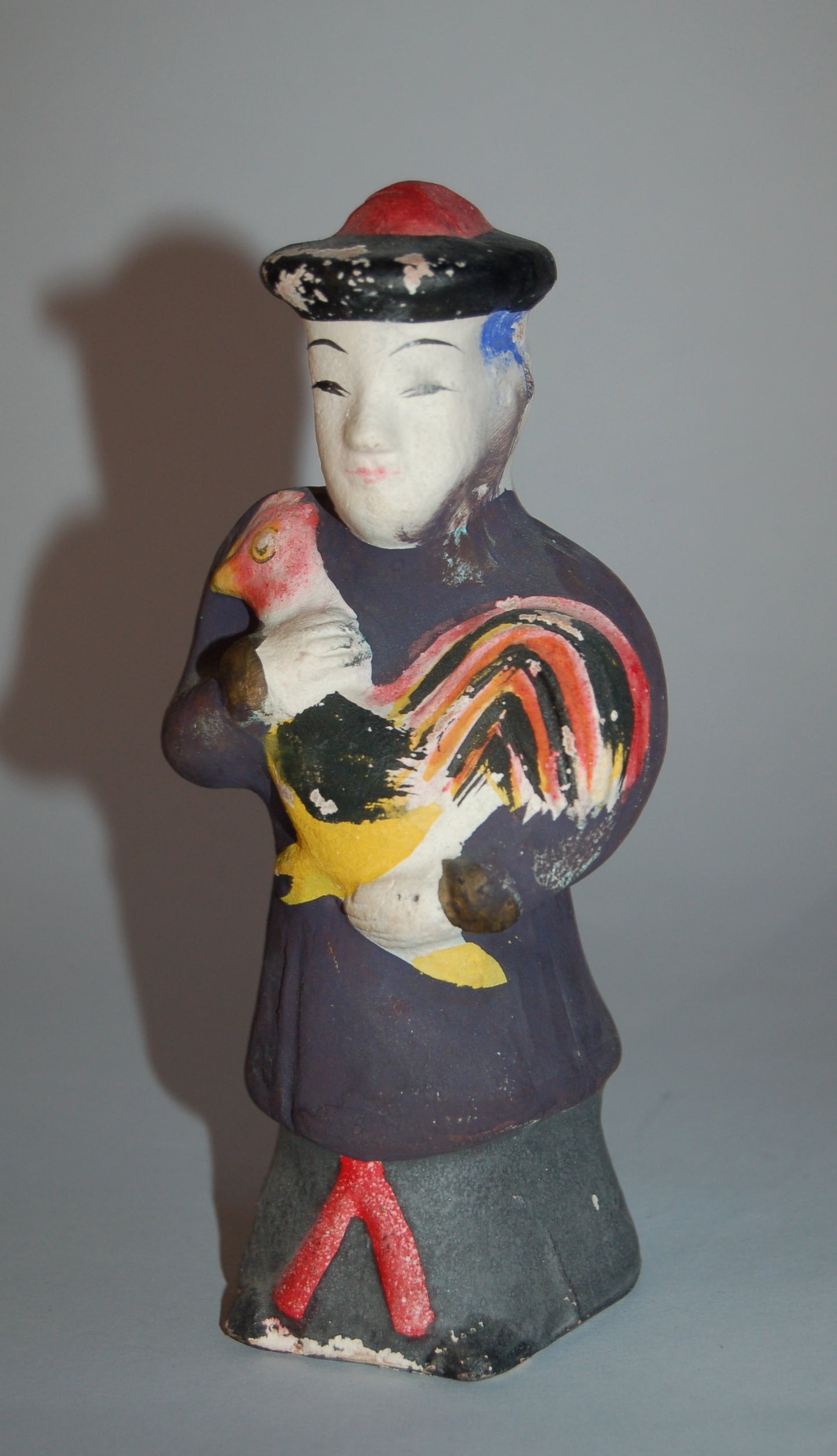 Koga ningyo clay doll, Acha-san, Chinese with rooster, Nagasaki, vintage, Japan