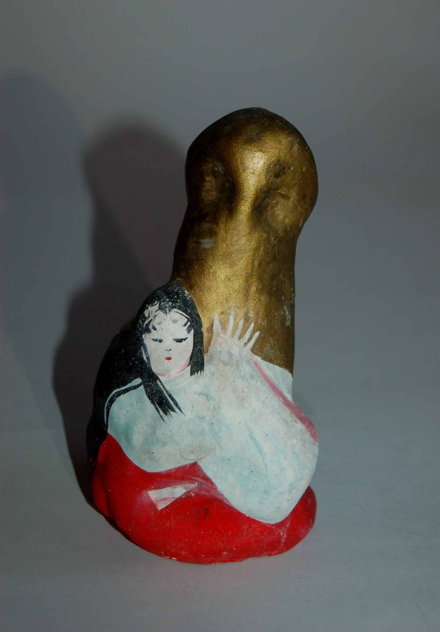 Court lady clutching matsudake mushroom, vintage kawara ningyo, clay erotic statue, Japan