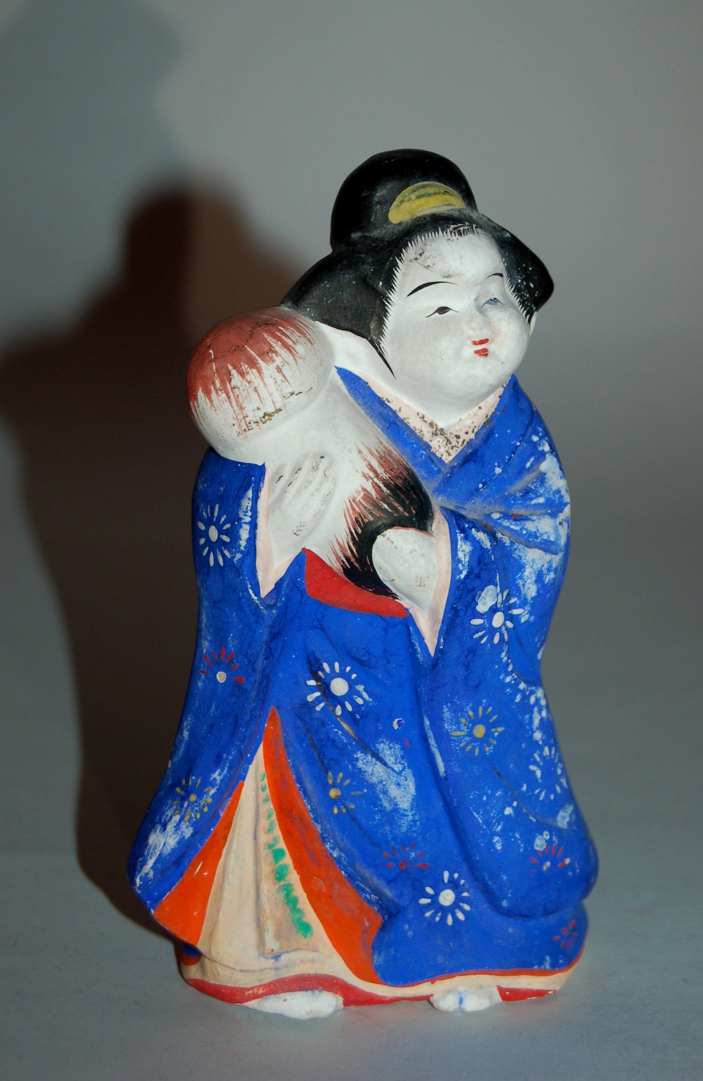 Okame with matsudake mushroom, vintage kawara ningyo, clay erotic statue, Japan