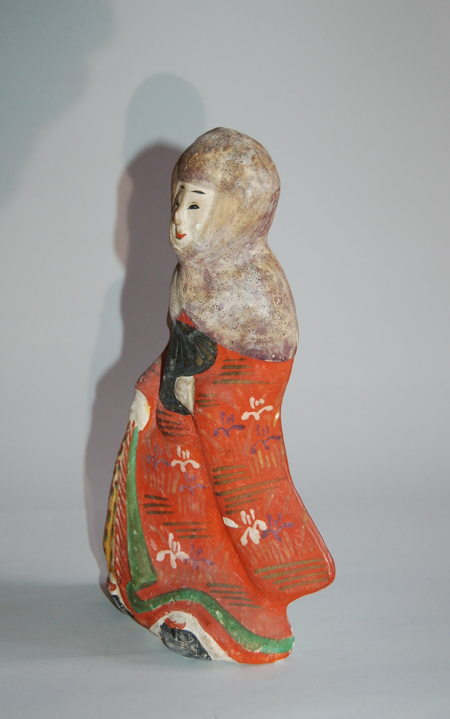 Kawara ningyo clay doll, woman in winter dress with head scarf, antique, Japan