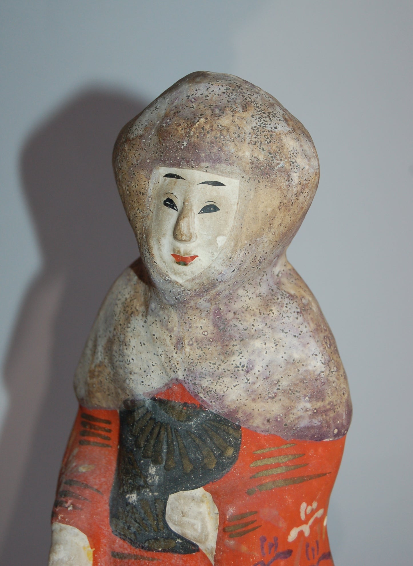 Kawara ningyo clay doll, woman in winter dress with head scarf, antique, Japan