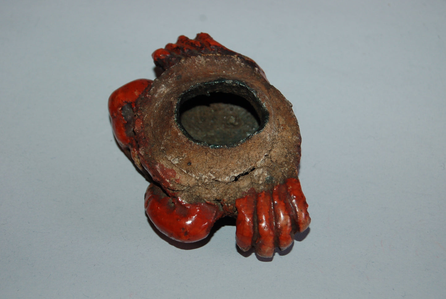 Kogo incense box, crawling crab, Raku stoneware, red, gold, white, green glazes, antique, Japan