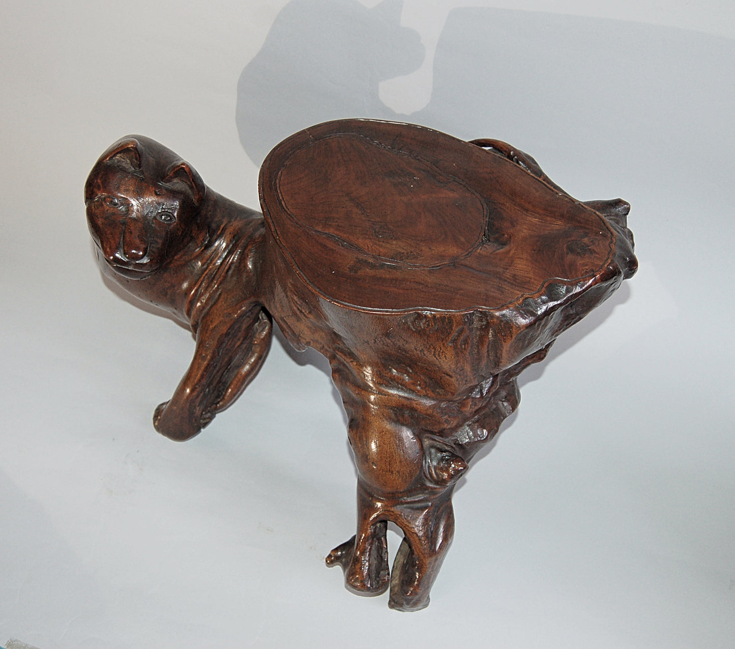 Root wood sculpture, fox looking back, stool or stand, mingei, Japan