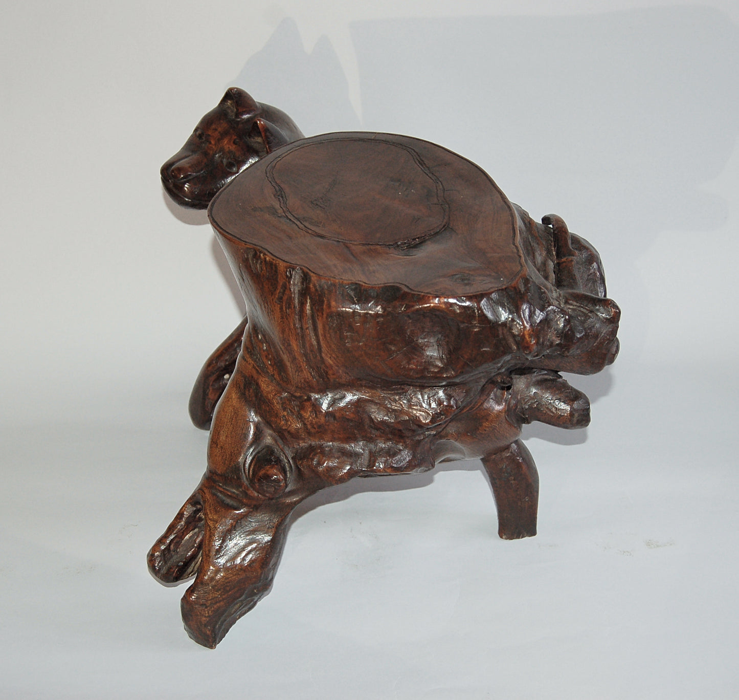 Root wood sculpture, fox looking back, stool or stand, mingei, Japan