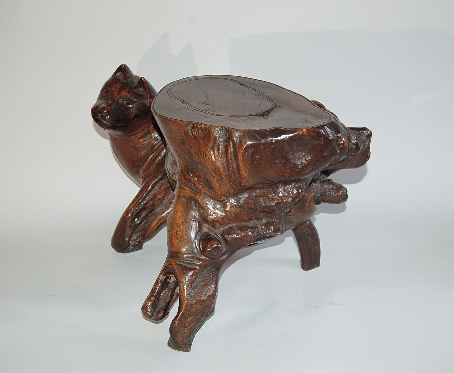 Root wood sculpture, fox looking back, stool or stand, mingei, Japan