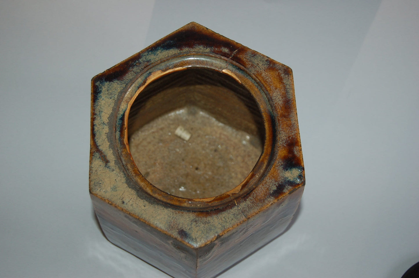 Antique hexagonal mizusashi water jar, for tea ceremony, Takatori, stoneware, Japan