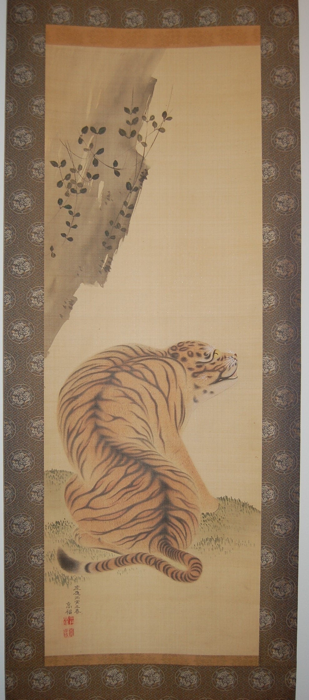 Hanging scroll painting, sitting tiger near rock, by Mitsui Takayoshi, antique, Japan