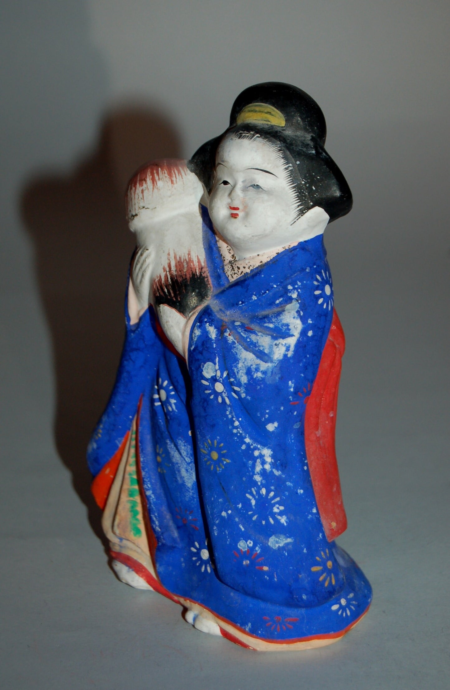 Okame with matsudake mushroom, vintage kawara ningyo, clay erotic statue, Japan