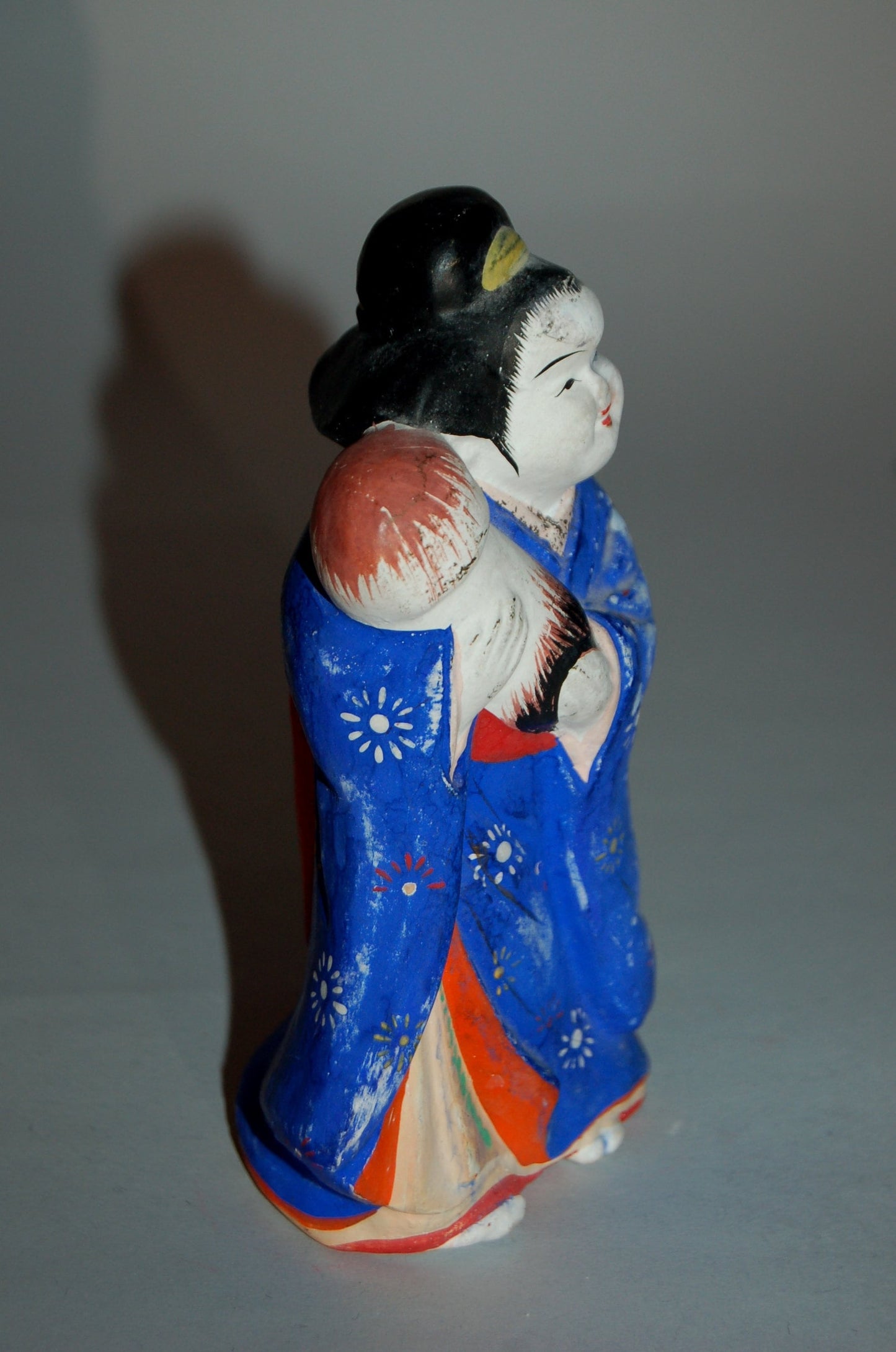 Okame with matsudake mushroom, vintage kawara ningyo, clay erotic statue, Japan