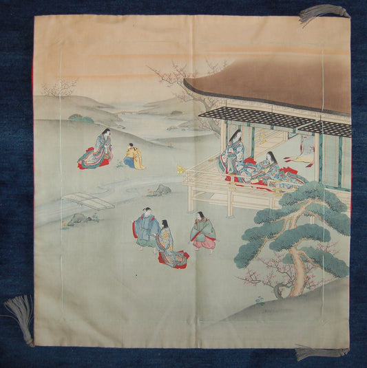 Fukusa, Prince Genji in spring, antique embroidered and hand painted silk ceremonial cover, antique, Japan